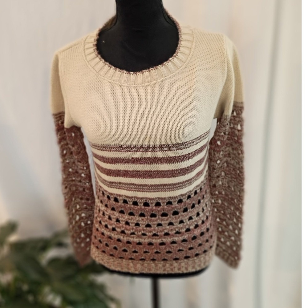 Shangri-la Womens Crochet Knit Striped Sweater Mauve Cream Size M Made in Brazil